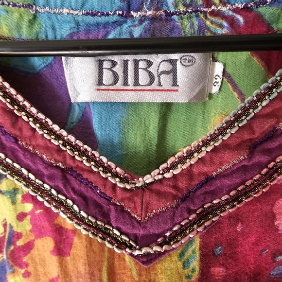 BIBA Vintage Rainbow Watercolor Style Abstract Paint Splatter Batwing Top - Picture 4 of 16